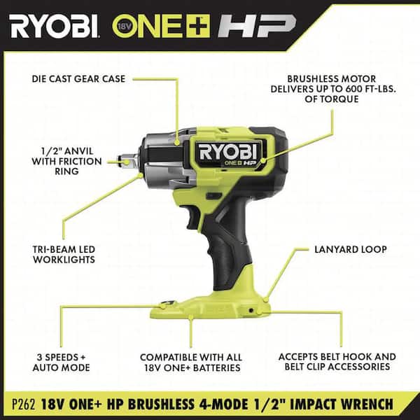 RYOBI ONE+ HP 18V Brushless Cordless 4-Mode 1/2 in. Impact Wrench (Tool Only) w/ 1/2 in. SAE Deep Impact Socket Set (11-PC)
