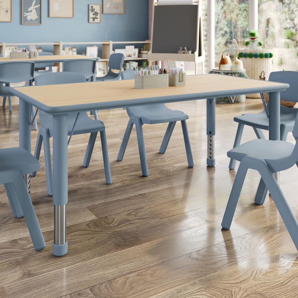 Wren Adjustable Natural Woodgrain/Dusty Blue Rectangle Kids Activity Table for 6