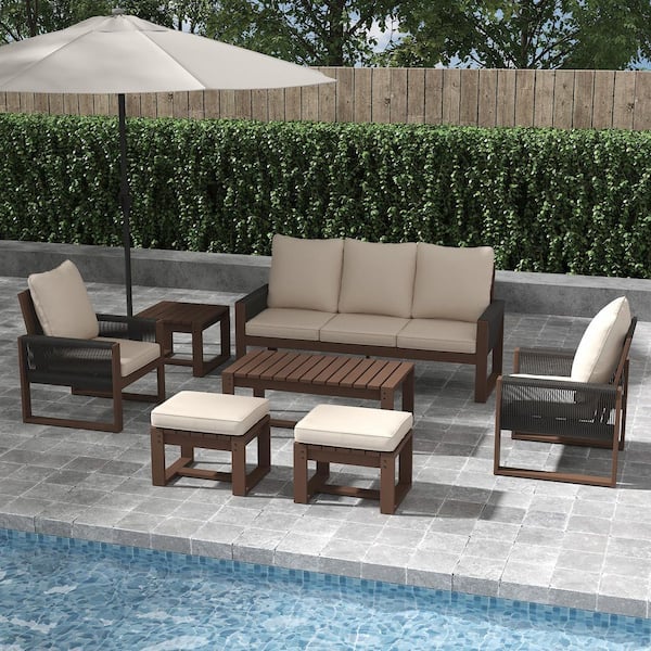 7-Piece Rustic Hemlock Wood Outdoor Patio Conversation Set with Beige Cushions