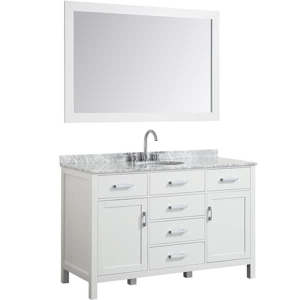 BEAUMONT DECOR Hampton 55 in. Bath Vanity in White with Marble Vanity Top in Carrara White with White Basin and Mirror