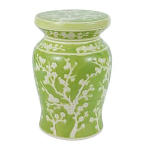 Cherry Blossom 17.75 in. Ceramic Garden Stool, Green/White