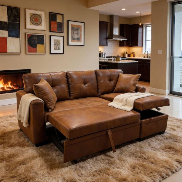 Fergal 76.5 in. Flared Arms Polyester L-Shaped Storage Sofa in Light Brown with Pull-Out Bed, Reversible Chaise