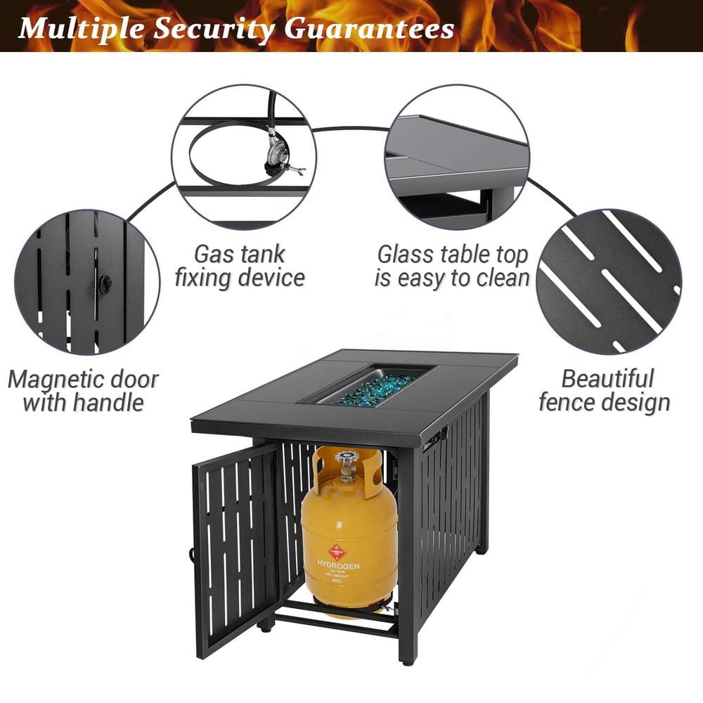 Black Steel Propane Fire Pit Table with Glass Guard