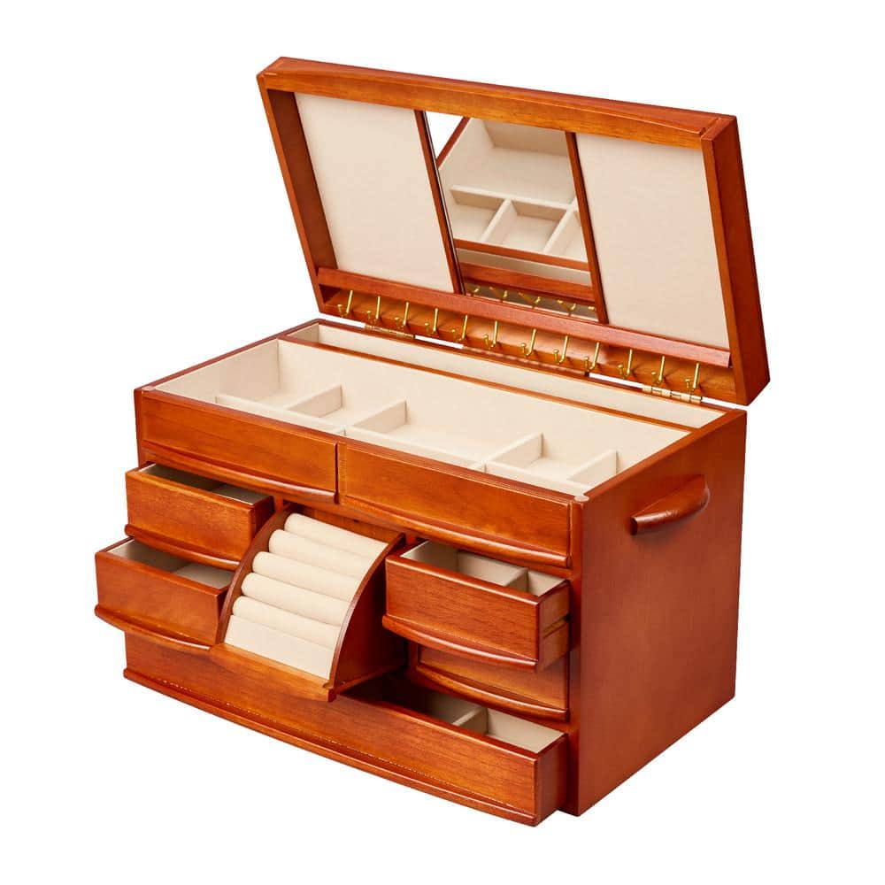 Walnut Finish Floral Relief Wooden Jewelry Box with 12 Hooks