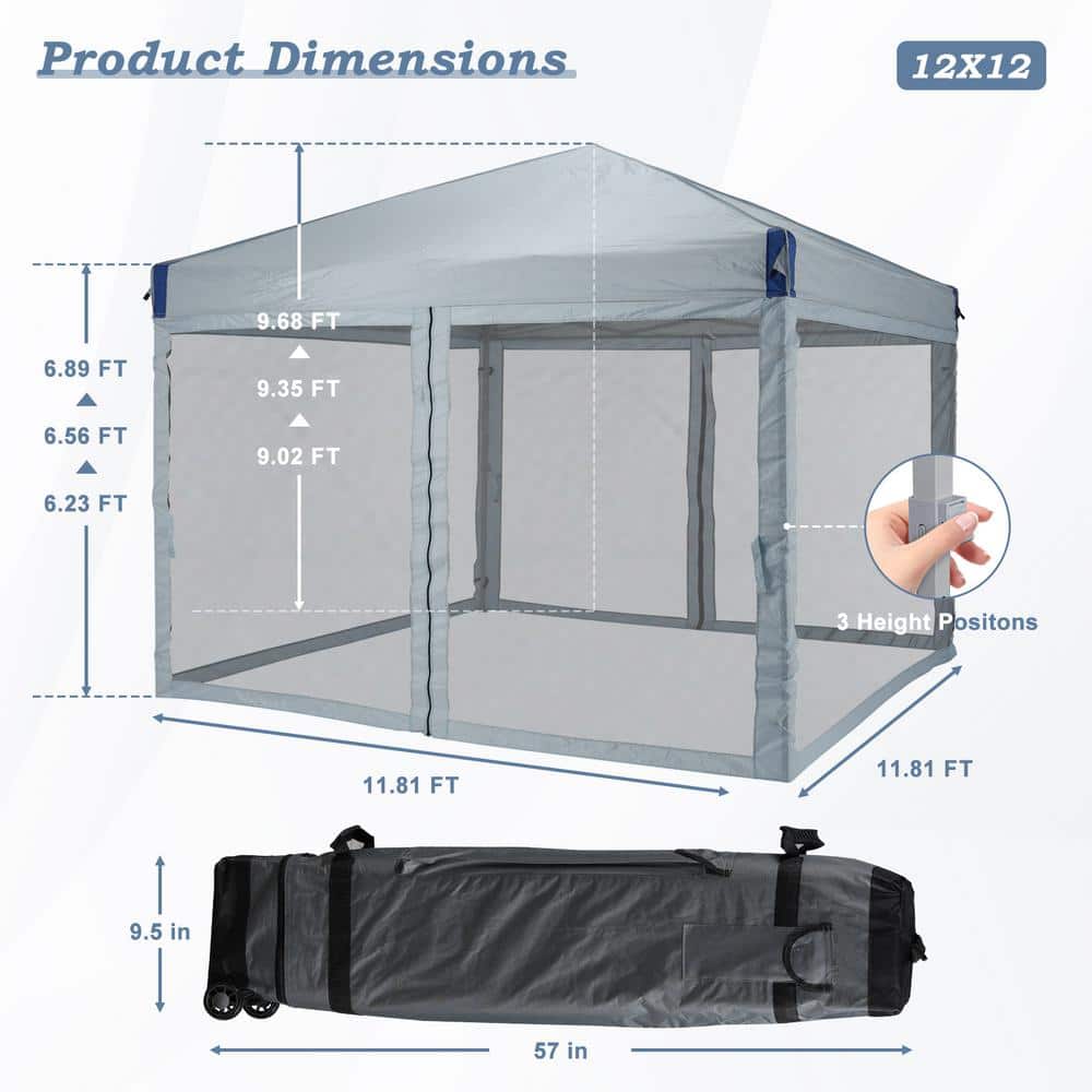 Gray 12 Ft Iron Pop-Up Canopy with Mesh Sidewalls and Roller Bag