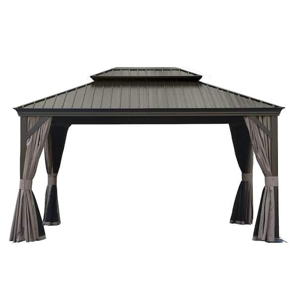 10 ft. x 14 ft. Brown Outdoor Hardtop Gazebo with Dual-Layer Galvanized Steel Roof, Aluminum Frame, Curtains & Netting