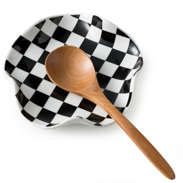 5.3 in. Ceramic Floral Ruffled Edge Heat-Resistant Dishwasher Safe Kitchen Spoon Rest for Countertop Stove Top in Black