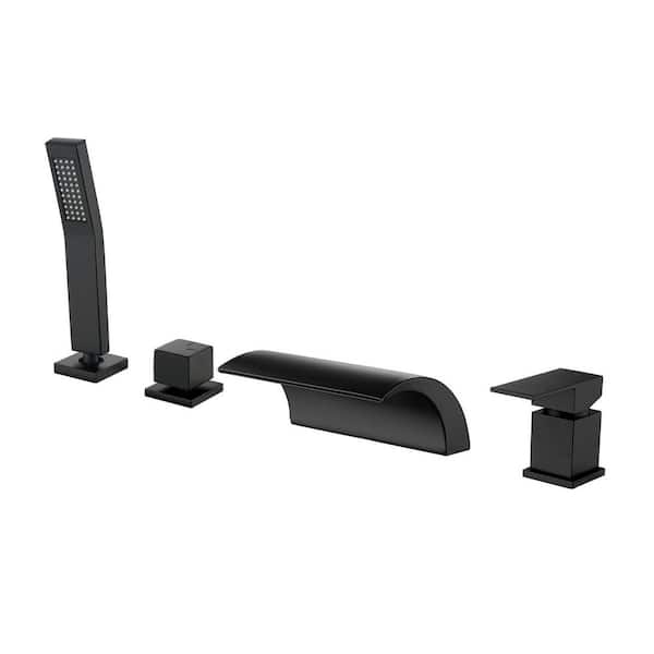 Single-Handle Tub Deck Mount Roman Tub Faucet with Hand Shower and Water Suply Hose in Matte Black