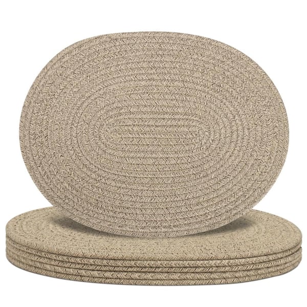 17 in. x 13 in. Brown Cotton Boho Oval Woven Table Placemats, Non-Slip Heat Resistant, Washable, Set of 6