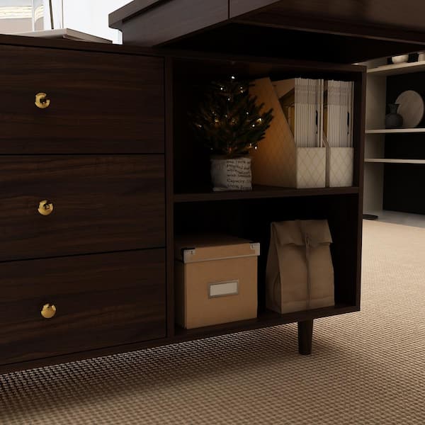 FUFU&GAGA 55.1 in. W L-shaped Brown Wood Grain Wooden 3-Drawer Computer Desk,  Writing Desk with Shelves Storage LBB-KF180108-01-c - The Home Depot