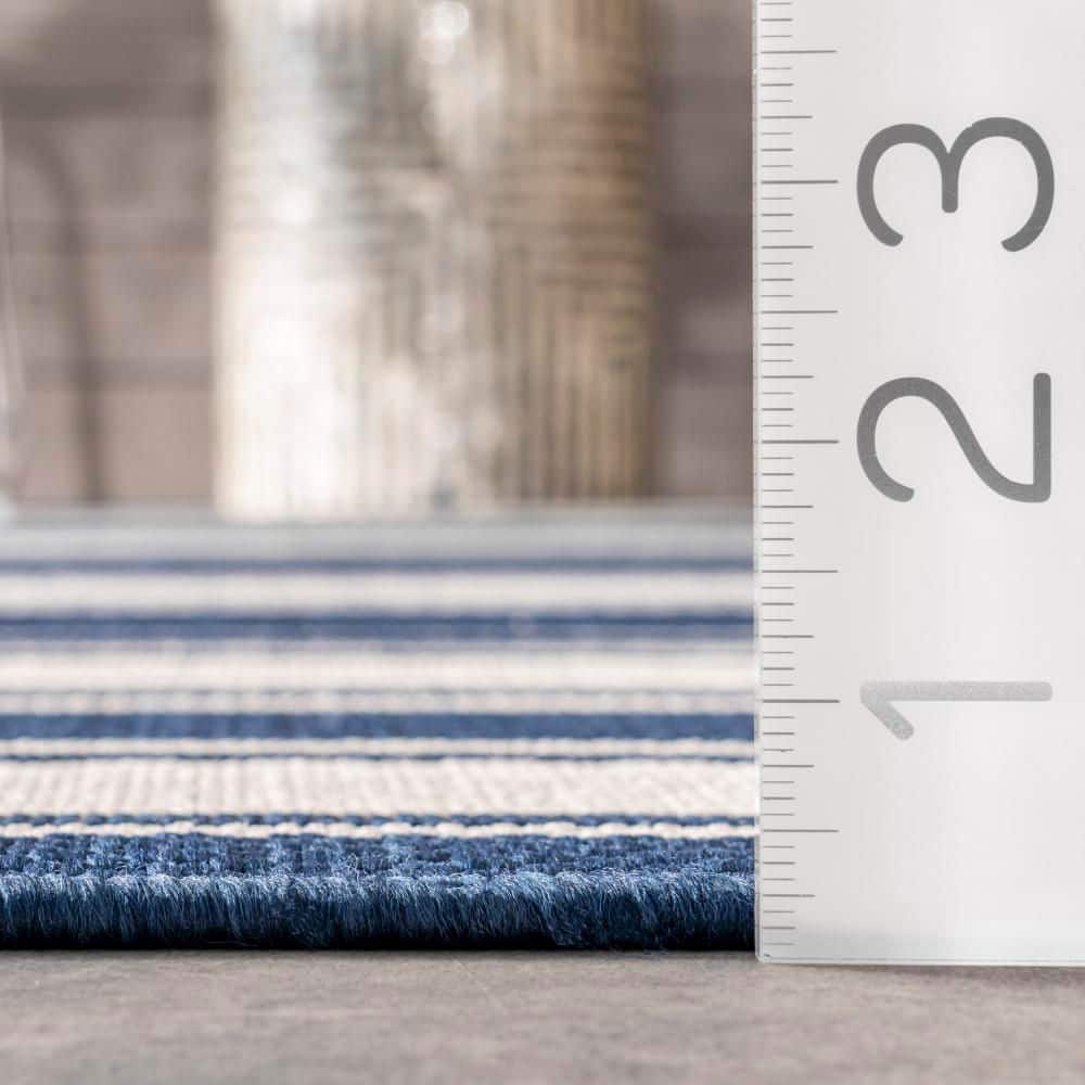 Navy and White Round Synthetic Striped Area Rug, 6' 7"