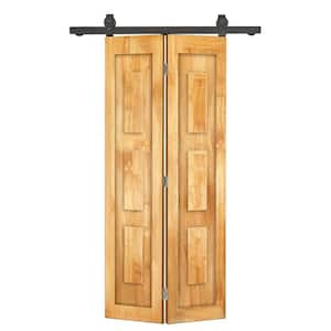 24 in. x 80 in. 3 Panel Shaker Hollow Core Weather Oak Pine Wood Bi-fold Door with Sliding Barn Door Hardware Kit