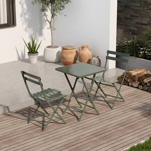 Dark Green 3-Piece Metal Outdoor Bistro Set with Foldable Square Table and Chairs