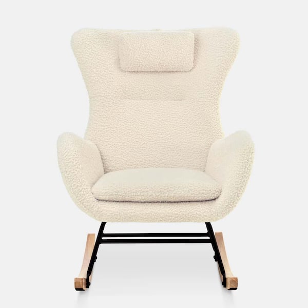 Beige Teddy Upholstered Rocker Glider Chair with High Backrest, Adjustable Headrest and Pocket