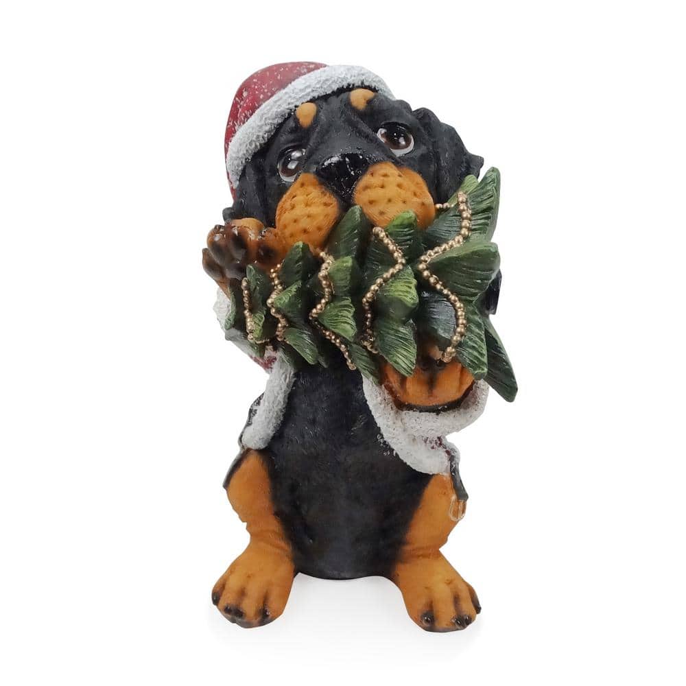 Christmas Santa Black and Tan Puppy Statue with Pine Tree