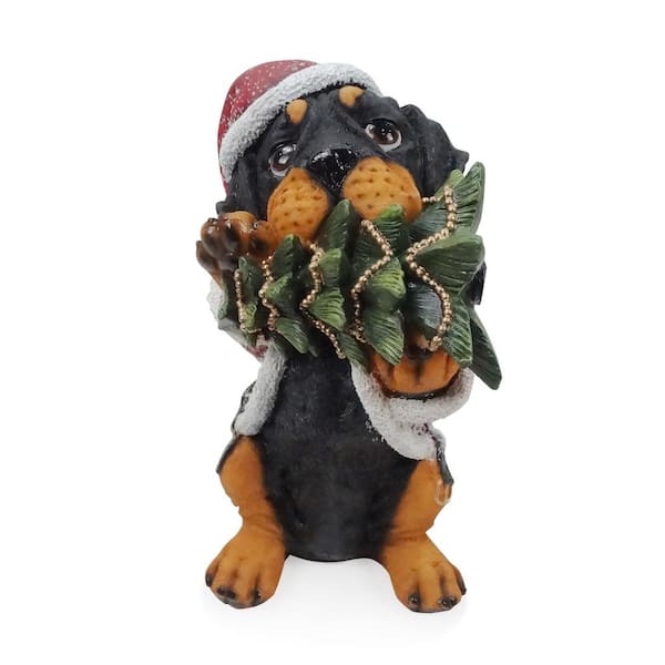 Christmas Santa Black and Tan Puppy Statue with Pine Tree