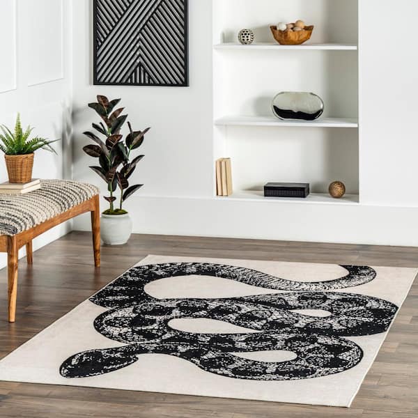 Modern Slithering Black 8 ft. x 10 ft. Serpent Machine Washable Area Rug