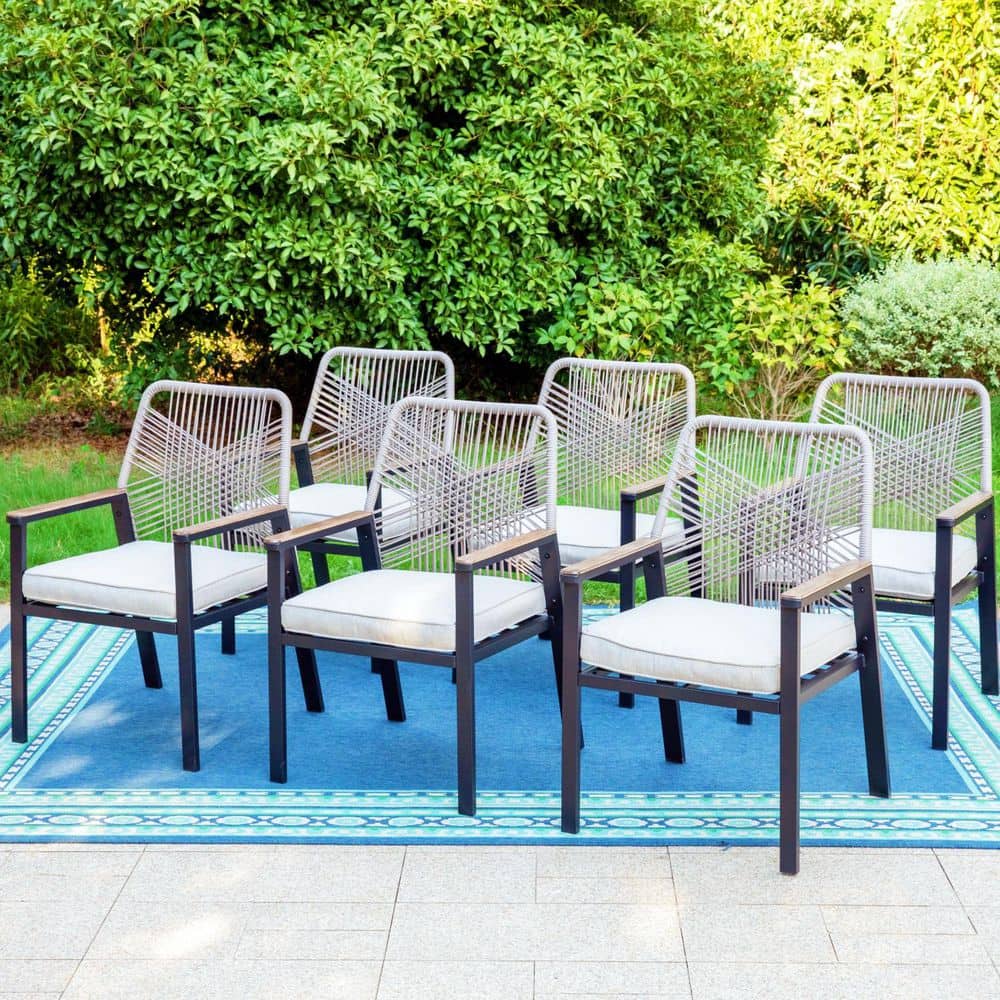 PHI VILLA Black Metal Woven Rope Outdoor Patio Dining Chair PHI VILLA Black Metal Woven Rope Outdoor Patio Dining Chair