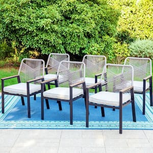 Black Metal Woven Rope Outdoor Patio Dining Chair with Beige Cushions (6-Pack)