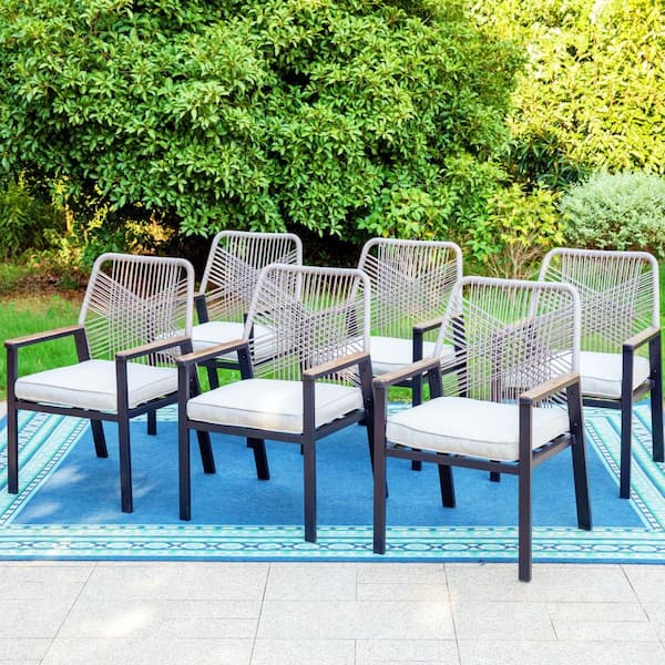 Black Metal Woven Rope Outdoor Patio Dining Chair with Beige Cushions (6-Pack)