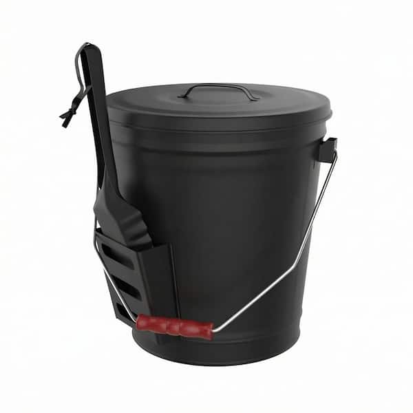 4.75 Gal. Ash Bucket with Lid and Shovel for Fireplace or Firepit Ashes, Heat Resistant Black Metal Fireplace Tool Set
