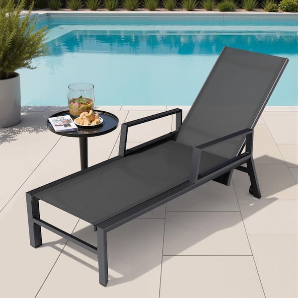 Pellebant 1-Piece Metal Aluminum Outdoor Chaise Lounge Chair in Black with Adjustable Backrest, Arms and Wheels