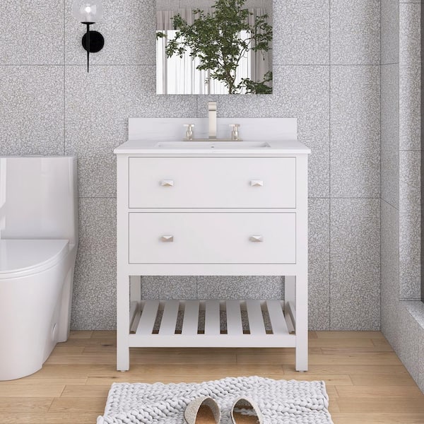 JimsMaison 30 in. W x 19 in. D x 37 in. H Single Sink Freestanding Bath Vanity in White with White Engineered Stone Composite Top