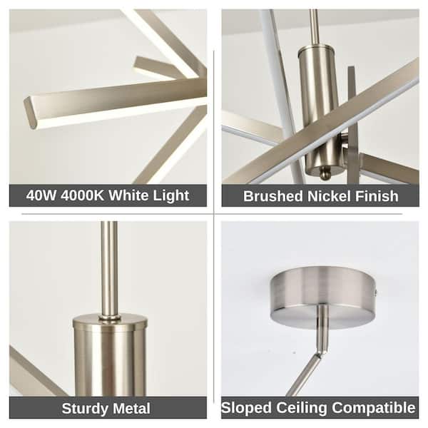 Kinlea 4 Light Integrated LED Brushed Nickel Sputnik Modern Linear Chandelier, Industrial Cylinder Pendant Light