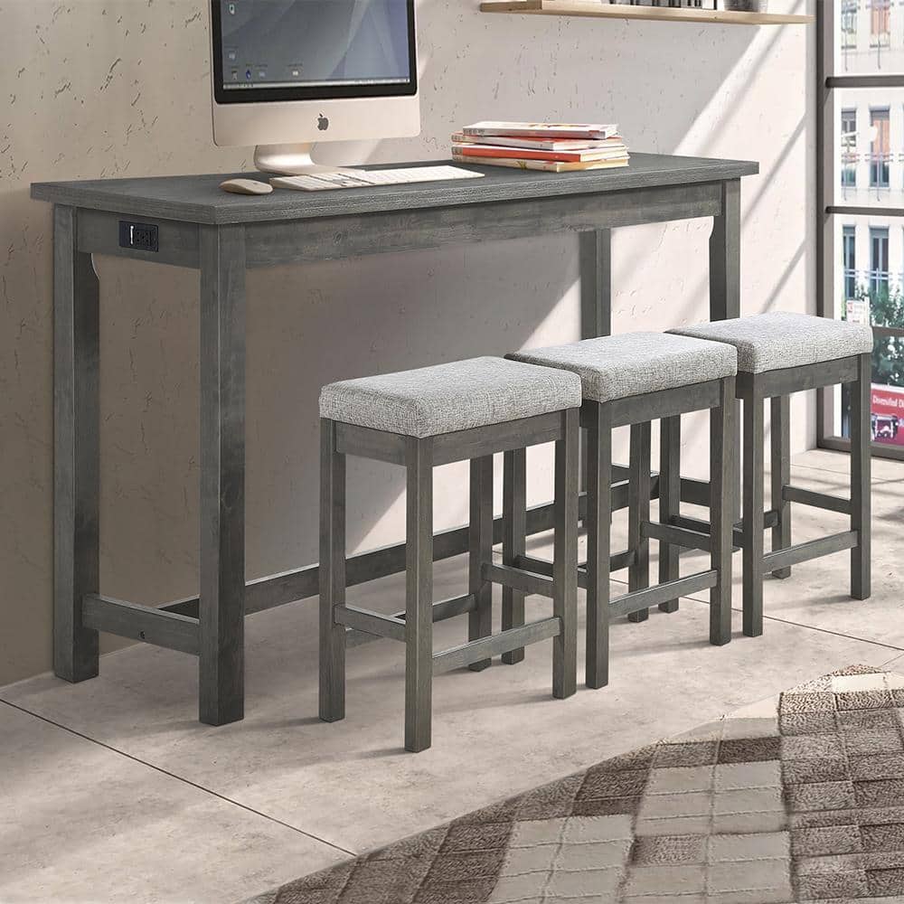 Transitional Gray Ash Veneer Counter Height Dining Set with USB Ports