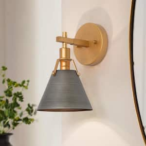 6 in. 1-Light Brushed Gray Cone Bathroom Vanity Light with Brushed Vintage Gold Accents Mid-Century Bell Wall Sconce