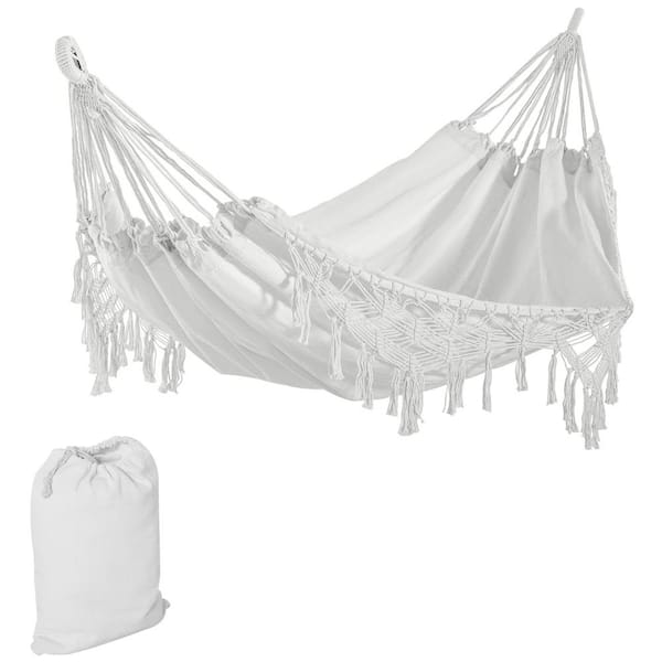 Otryad 9.5 ft. Portable Boho Outdoor Hammock Extra Large Tree Hammock with Macrame Tassel Fringe and Stuff Sack, White