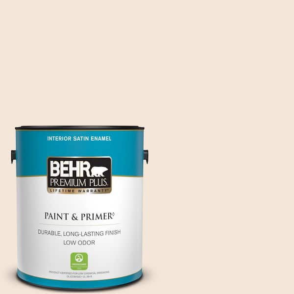 BEHR PREMIUM PLUS 1 gal. #ECC-55-2 Adobe White Satin Enamel Low Odor Interior Paint & Primer