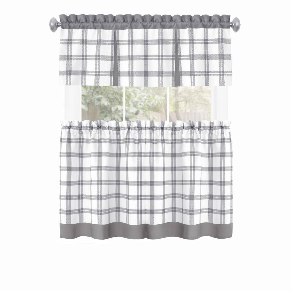 Gray Plaid Light Filtering Tier and Valance Curtain Set