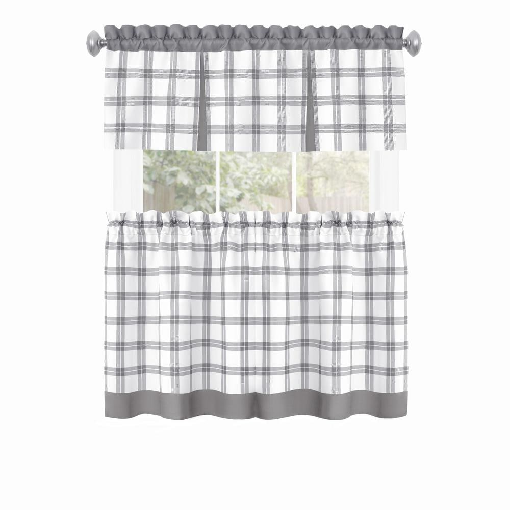 Gray Plaid Light Filtering Tier and Valance Curtain Set, 58" x 36"