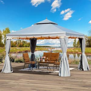 10 ft. x 12 ft. Grey Outdoor Canopy Gazebo, Double Roof Patio Gazebo with Netting and Shade Curtains for Garden