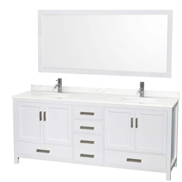 Wyndham Collection Sheffield 80 in. W x 22 in. D x 35 in. H Double Bath Vanity in White with Giotto Quartz Top and 70 in. Mirror