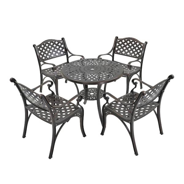 Bronze Frame 5-Piece Cast Aluminum Round Table with Umbrella Hole Bar Height Outdoor Dining Set