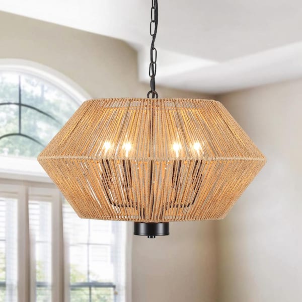 4-Light Drum Black and Brown Hanging Linear Chandelier Lighting with Paper Rattan Shaded for Kitchen Island