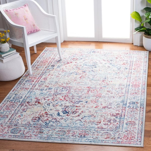 Brentwood Ivory/Blue 6 ft. x 9 ft. Distressed Border Medallion Area Rug