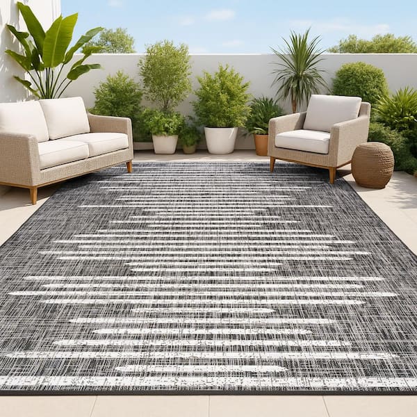 Zolak Berber Stripe Geometric Black/Ivory 8 ft. x 10 ft. Indoor/Outdoor Area Rug
