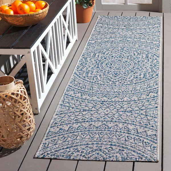 Courtyard Light Gray/Blue 2 ft. x 16 ft. Medallion Indoor/Outdoor Runner Rug