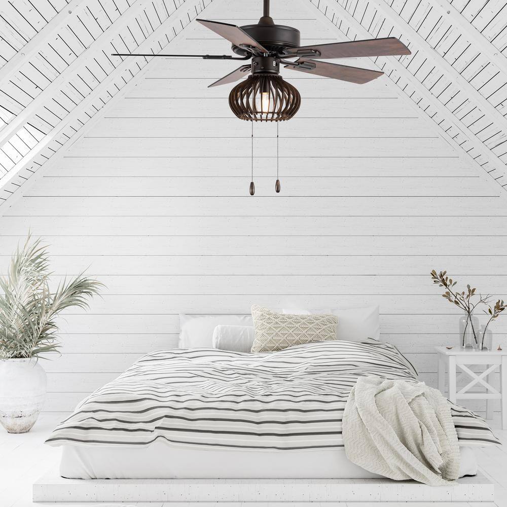 42-Inch Oil-Rubbed Bronze and Wood Caged Ceiling Fan with Light