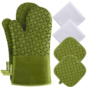 6Pcs Oven Mitts and Pot Holders with High Heat Resistant 500° and Non-Slip Silicon Surface for Cooking in Olive Drab