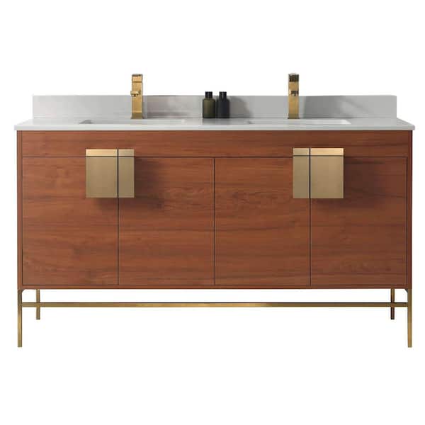FINE FIXTURES 60 in. W x 20.47 in. D x 33.5 in. H Bath Vanity in Spicy Walnut with White Phoenix Stone Vanity Top