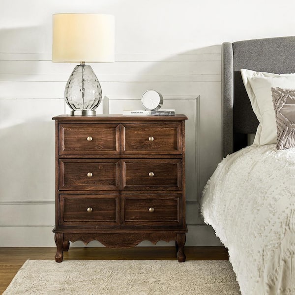 JAYDEN CREATION Elpenor Farmhouse Walnut 30 in. H 3-Drawer Storage Cabinet Nightstand with Adjustable Feet and Solid Wood Legs
