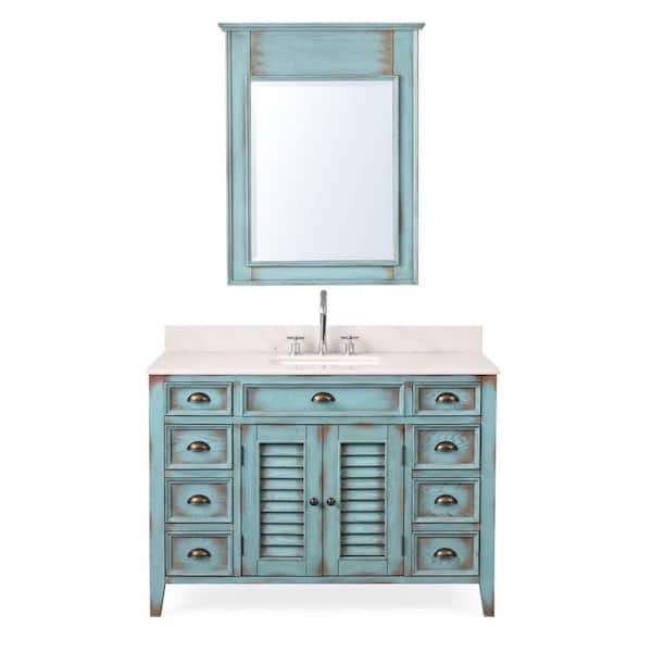 Benton Collection Abbeville 46.5 in. W x 21.75 in. D x 34 in. H Bathroom Vanity in Distressed Blue Single Sink White Marble Top and Mirror