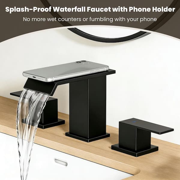 Curve 8 in. Waterfall Widespread 2-Handle Bathroom Faucet 3-Hole Bath Sink Faucet with Pop-Up Drain in Matte Black