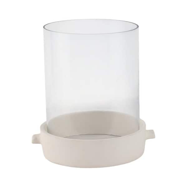 13 in. x 13 in. White Pottery and Glass Cylinder Hurricane Candle Holder with Base
