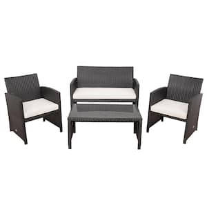 4-Pieces Rattan Patio Conversation Set Outdoor Furniture Set with White Cushions