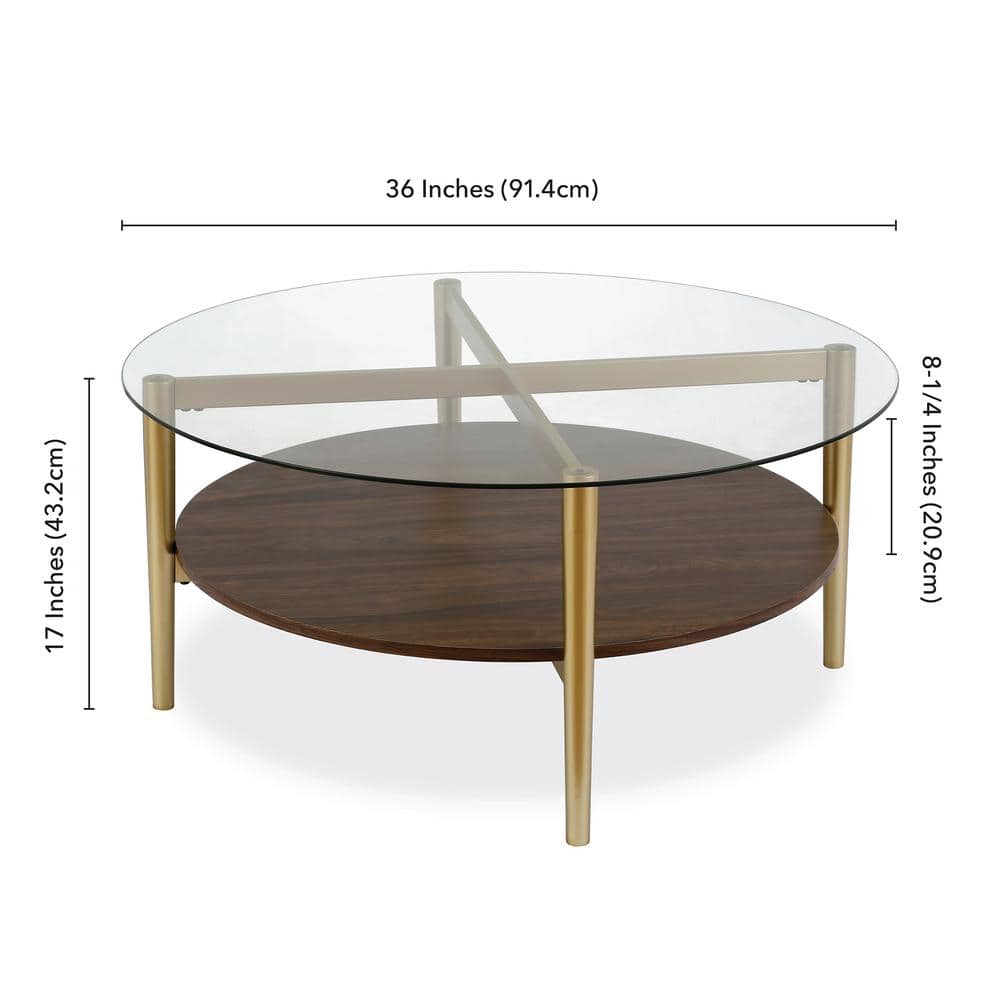 Mid-Century Gold & Walnut 36" Round Coffee Table with Glass Top